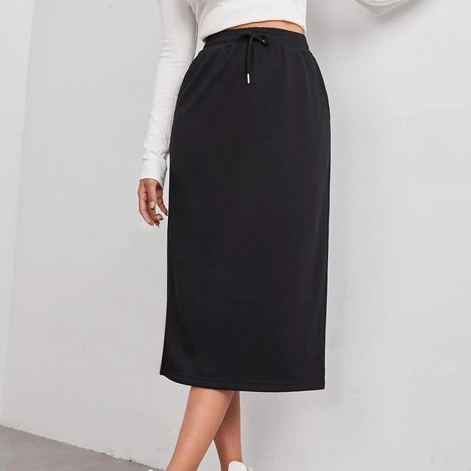 Oplxuo Women's Summer Midi Skirt Drawstring High Waist Casual Sweat Skirts with Pockets