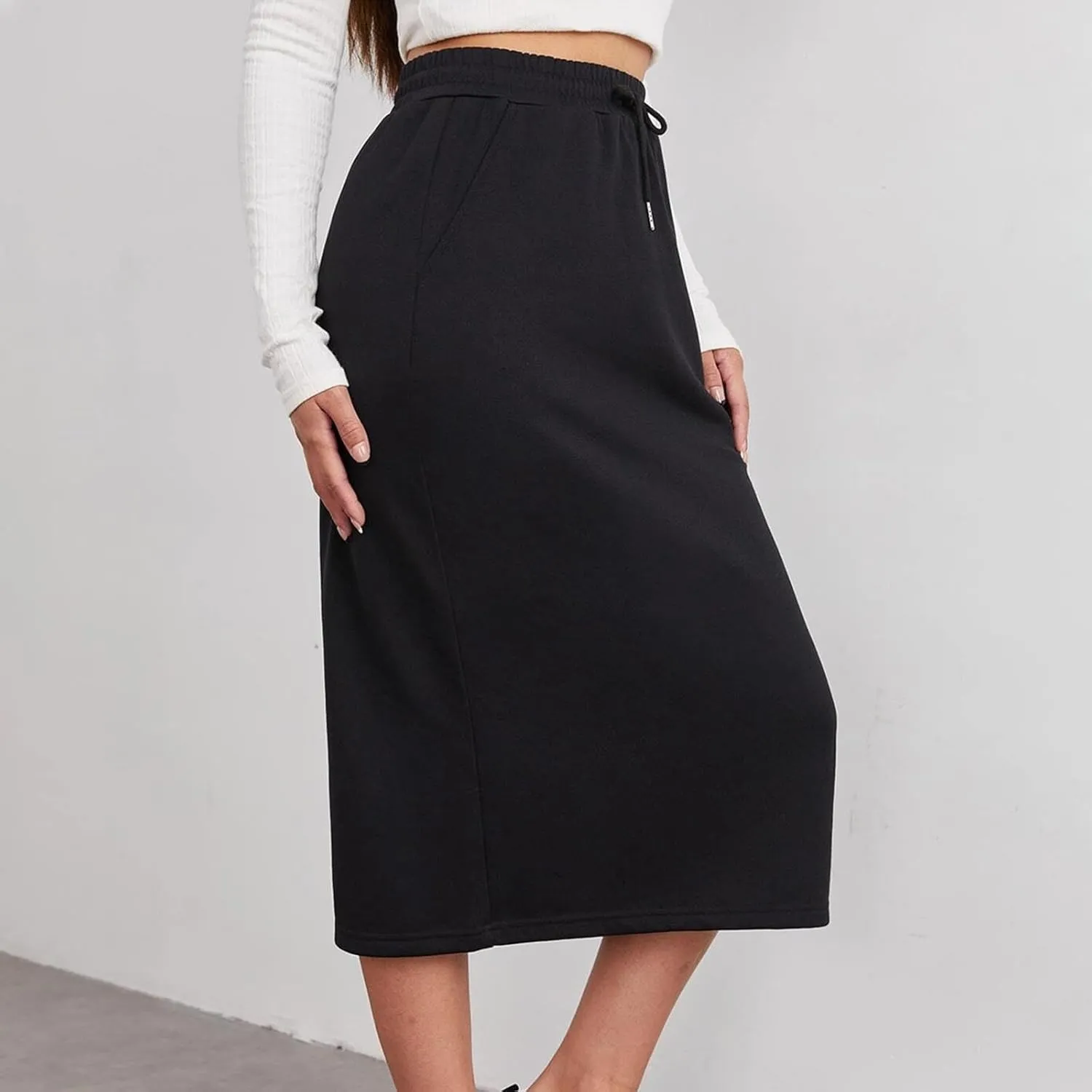 Oplxuo Women's Summer Midi Skirt Drawstring High Waist Casual Sweat Skirts with Pockets