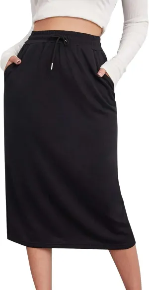 Oplxuo Women's Summer Midi Skirt Drawstring High Waist Casual Sweat Skirts with Pockets