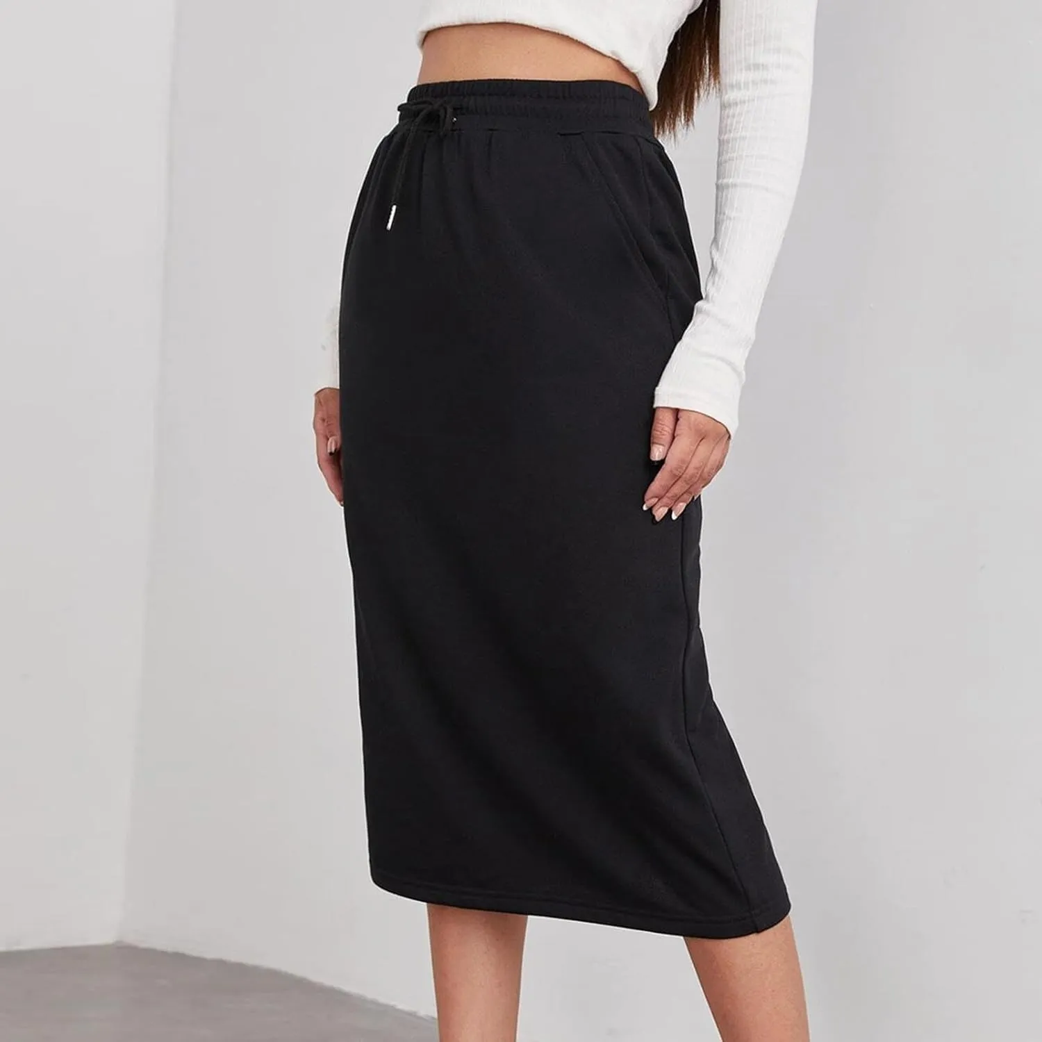 Oplxuo Women's Summer Midi Skirt Drawstring High Waist Casual Sweat Skirts with Pockets