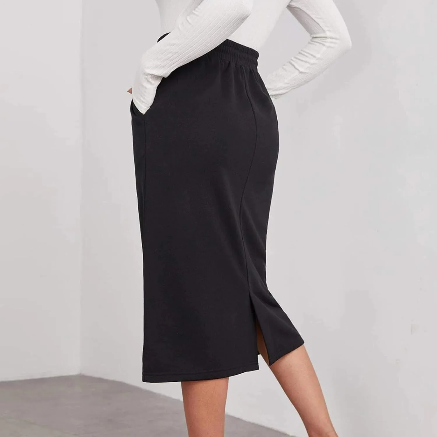 Oplxuo Women's Summer Midi Skirt Drawstring High Waist Casual Sweat Skirts with Pockets