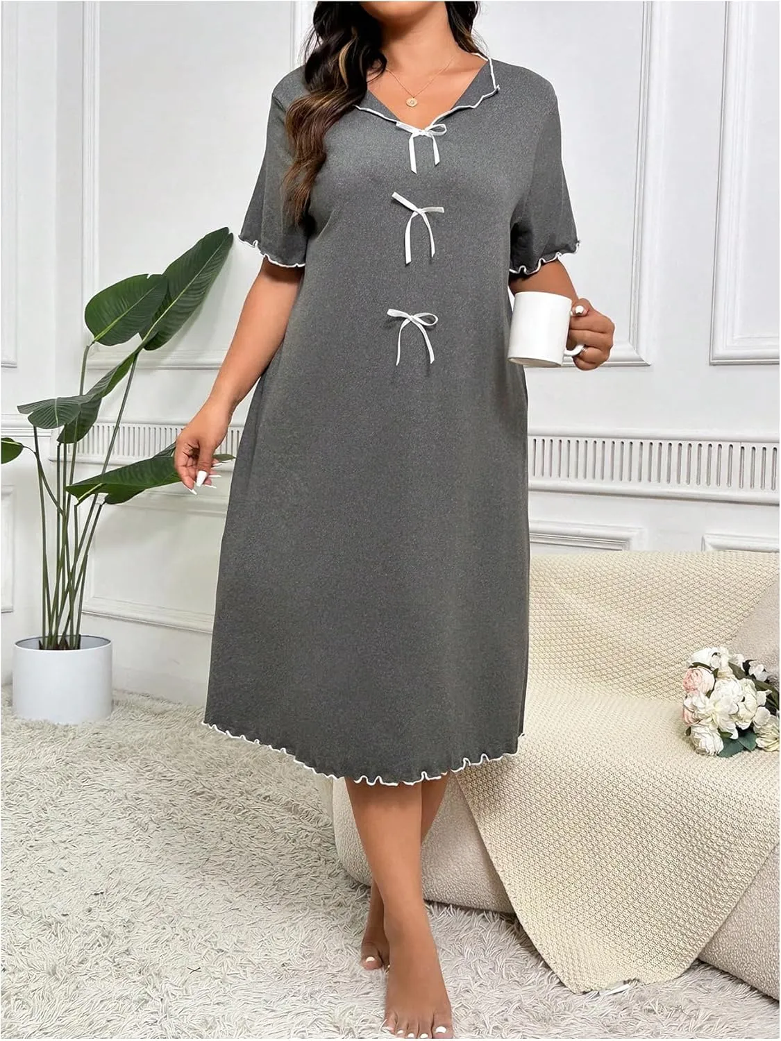 OYOANGLE Women's Plus Size Bow Midi Nightgowns Lettuce Trim V Neck Short Sleeve Nightdress Loose Pajama Dresses