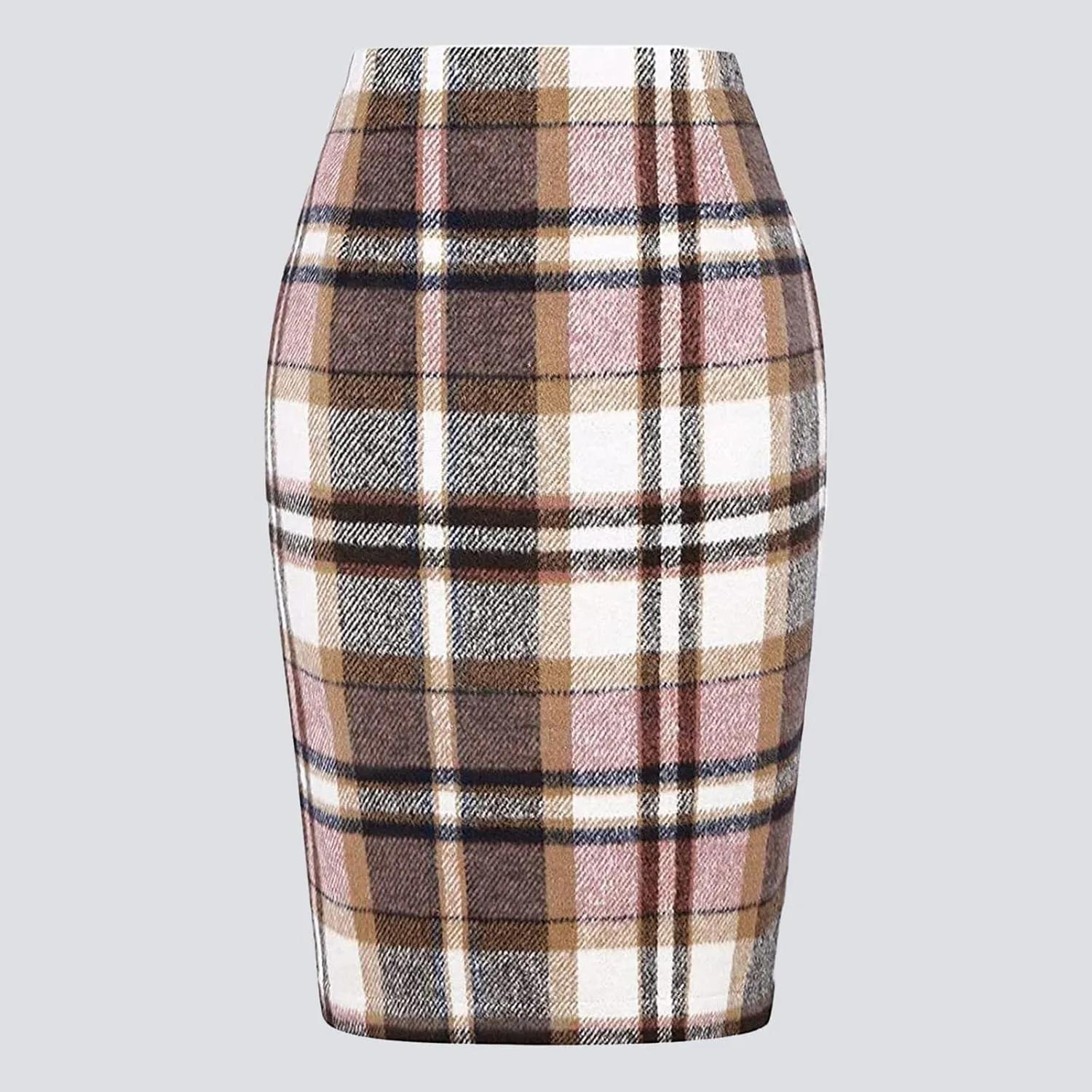 Pencil Plaid Skirts for Women Girls Fall Winter Wool Bodycon Midi Skirt Knee Length High Wasited Tartan Skirts Casual Dressy