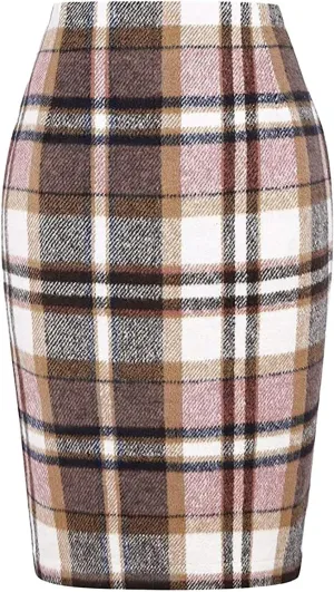 Pencil Plaid Skirts for Women Girls Fall Winter Wool Bodycon Midi Skirt Knee Length High Wasited Tartan Skirts Casual Dressy