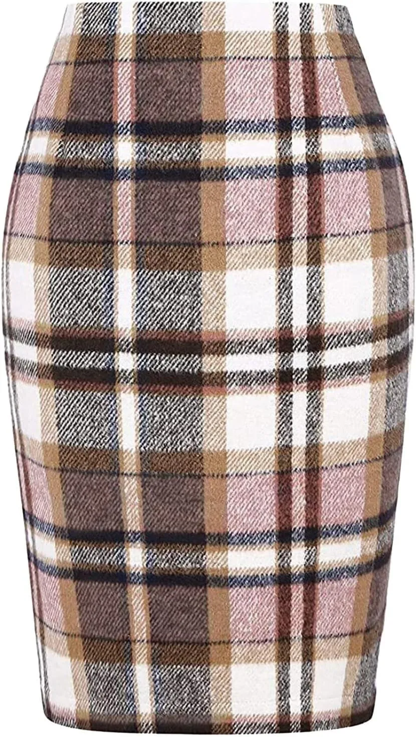Pencil Plaid Skirts for Women Girls Fall Winter Wool Bodycon Midi Skirt Knee Length High Wasited Tartan Skirts Casual Dressy