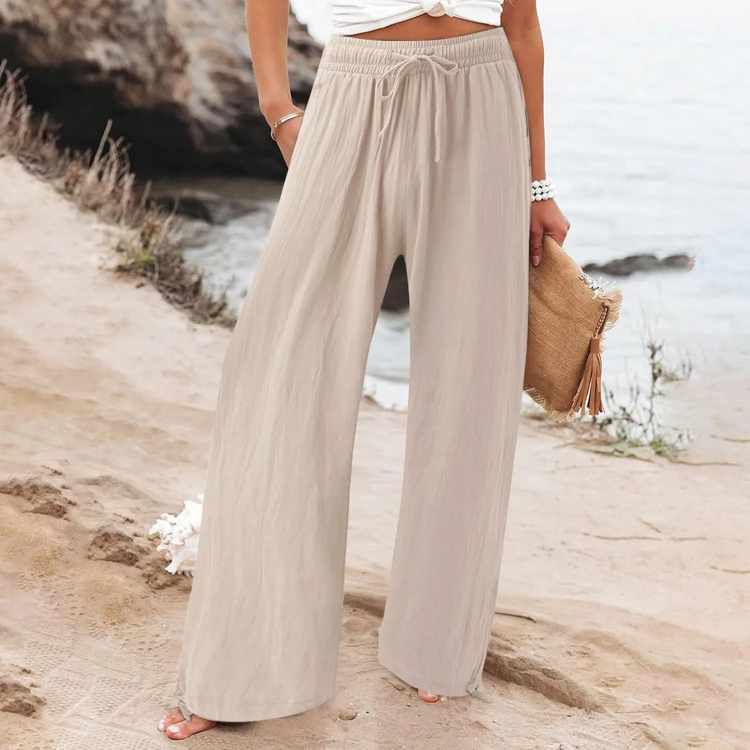 Petite Linen Pants Capri Summer Palazzo Wide Leg Linen Pant Women's Cotton Trousers Suits