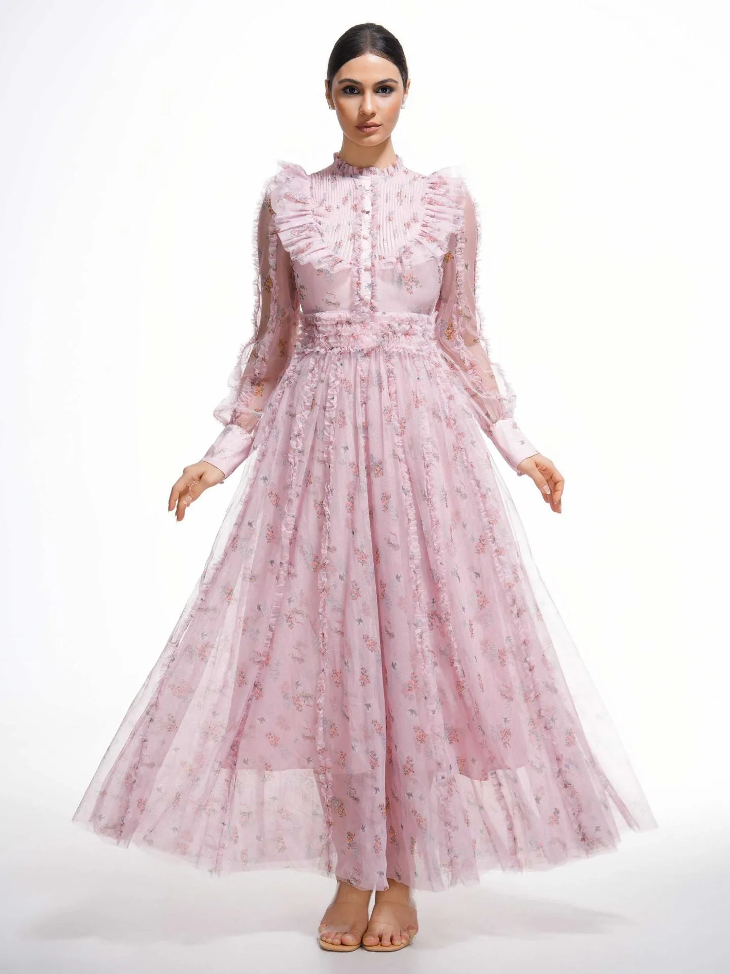 Pink Elegant Ruffled Long Sleeve Floral Maxi Prom Dress