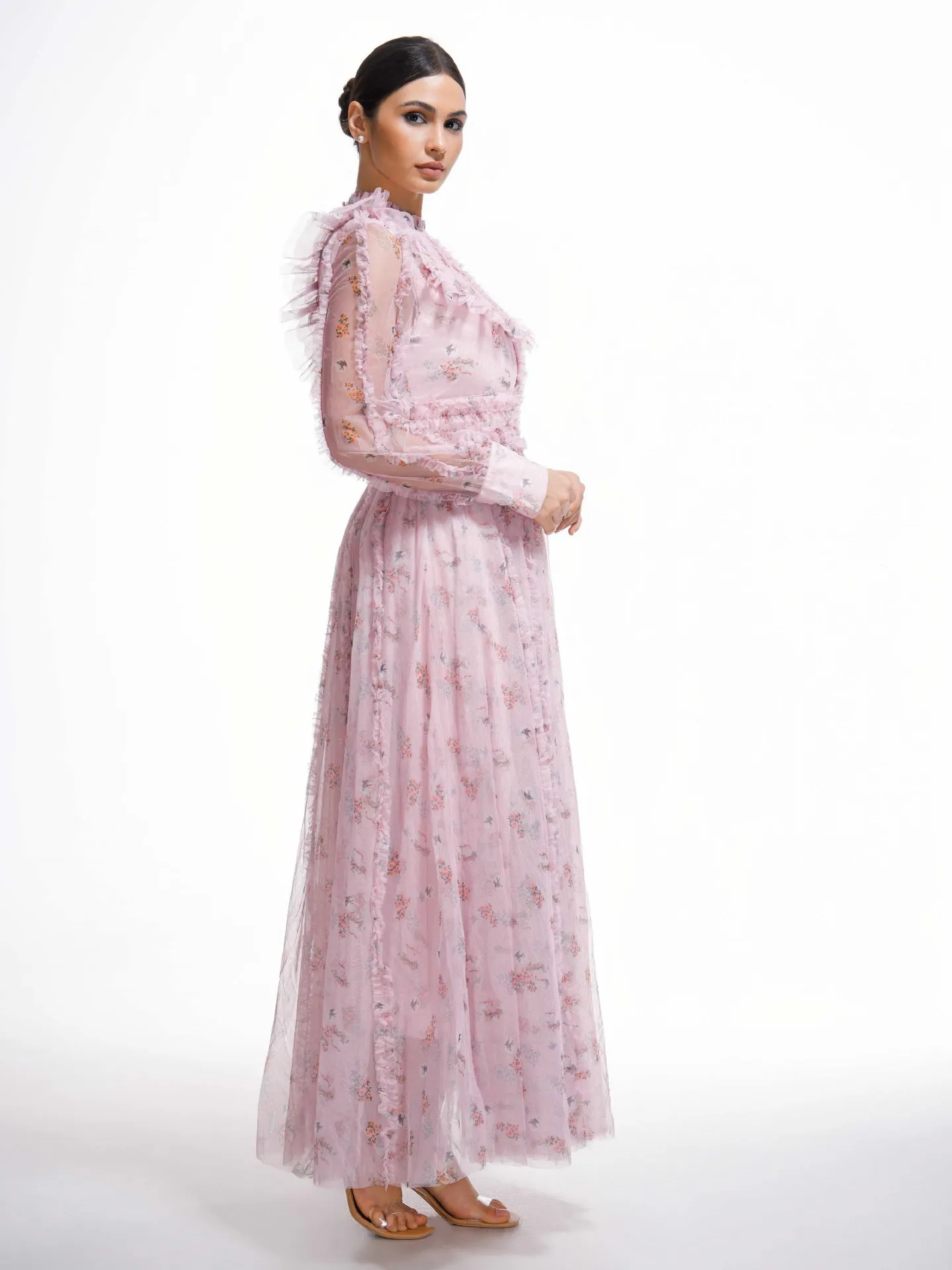 Pink Elegant Ruffled Long Sleeve Floral Maxi Prom Dress