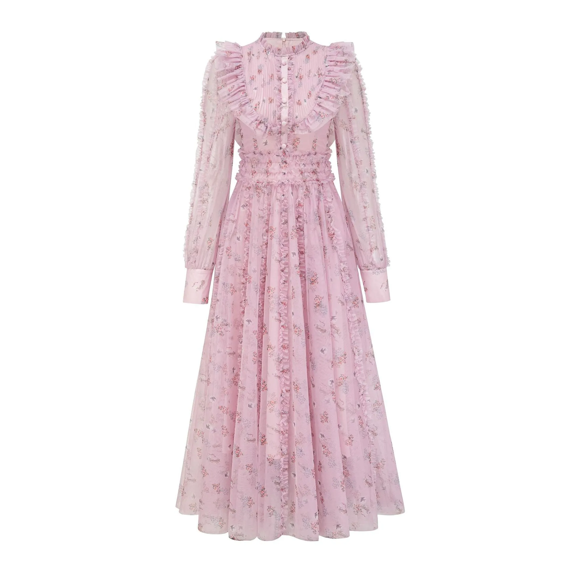 Pink Elegant Ruffled Long Sleeve Floral Maxi Prom Dress
