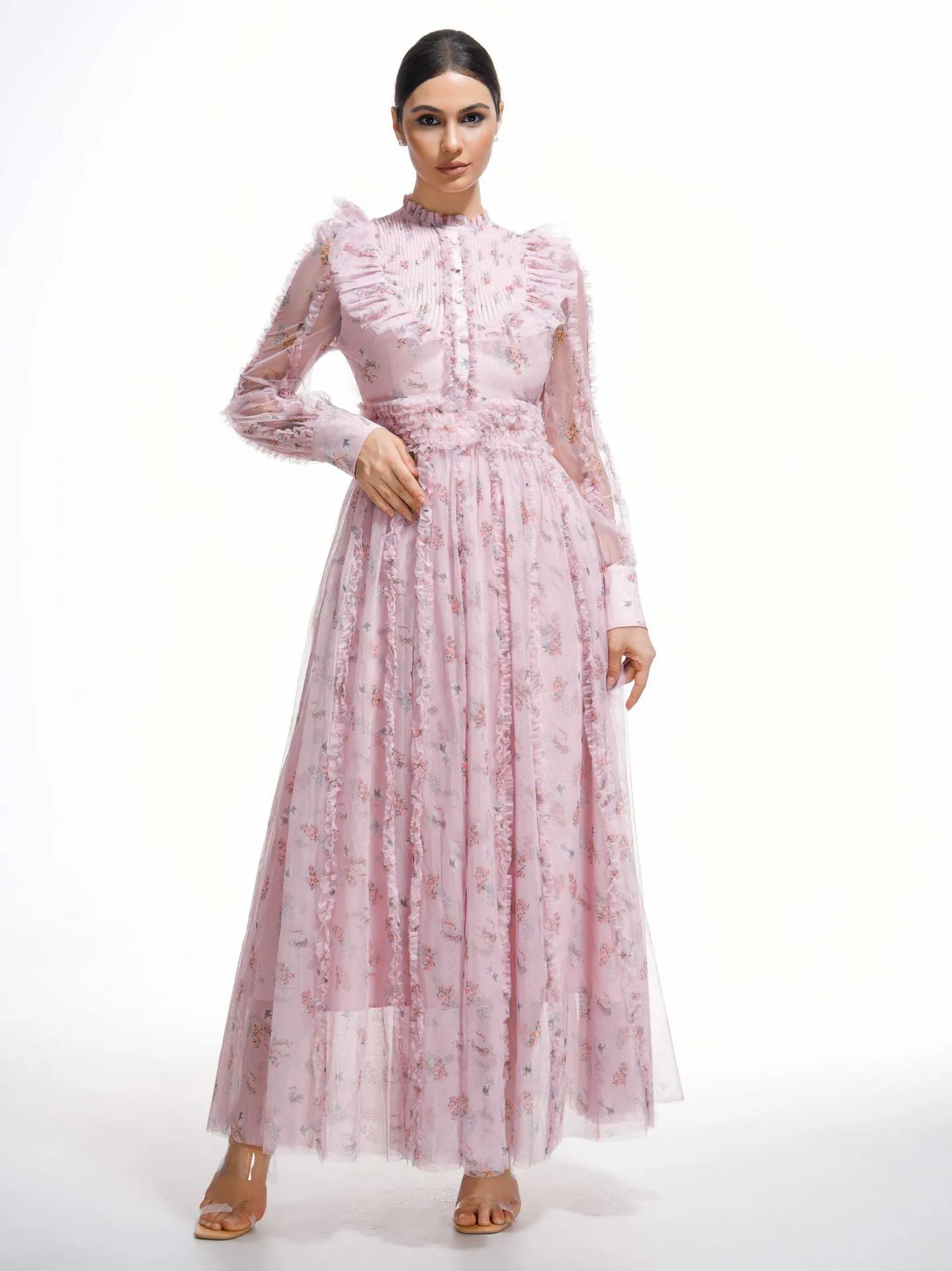 Pink Elegant Ruffled Long Sleeve Floral Maxi Prom Dress