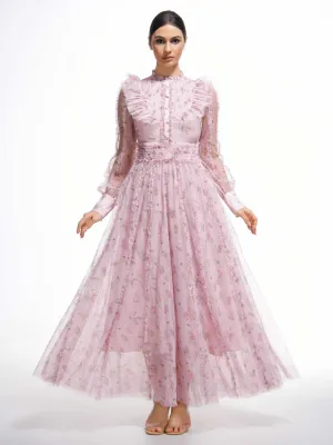 Pink Elegant Ruffled Long Sleeve Floral Maxi Prom Dress