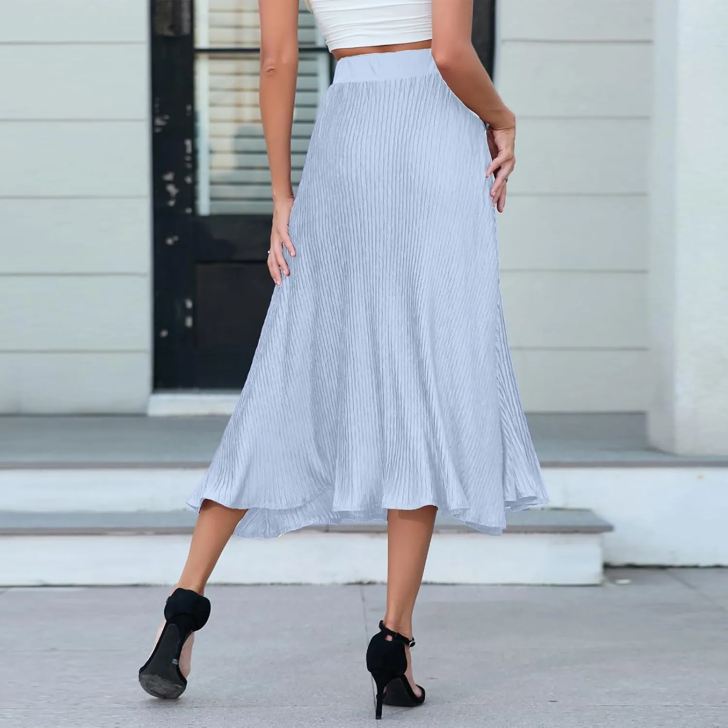 Pleated Skirt for Women Midi High Waisted A-Line Swing Skirt Wrinkle Resistant Lightweight for Casual Elegant Wear