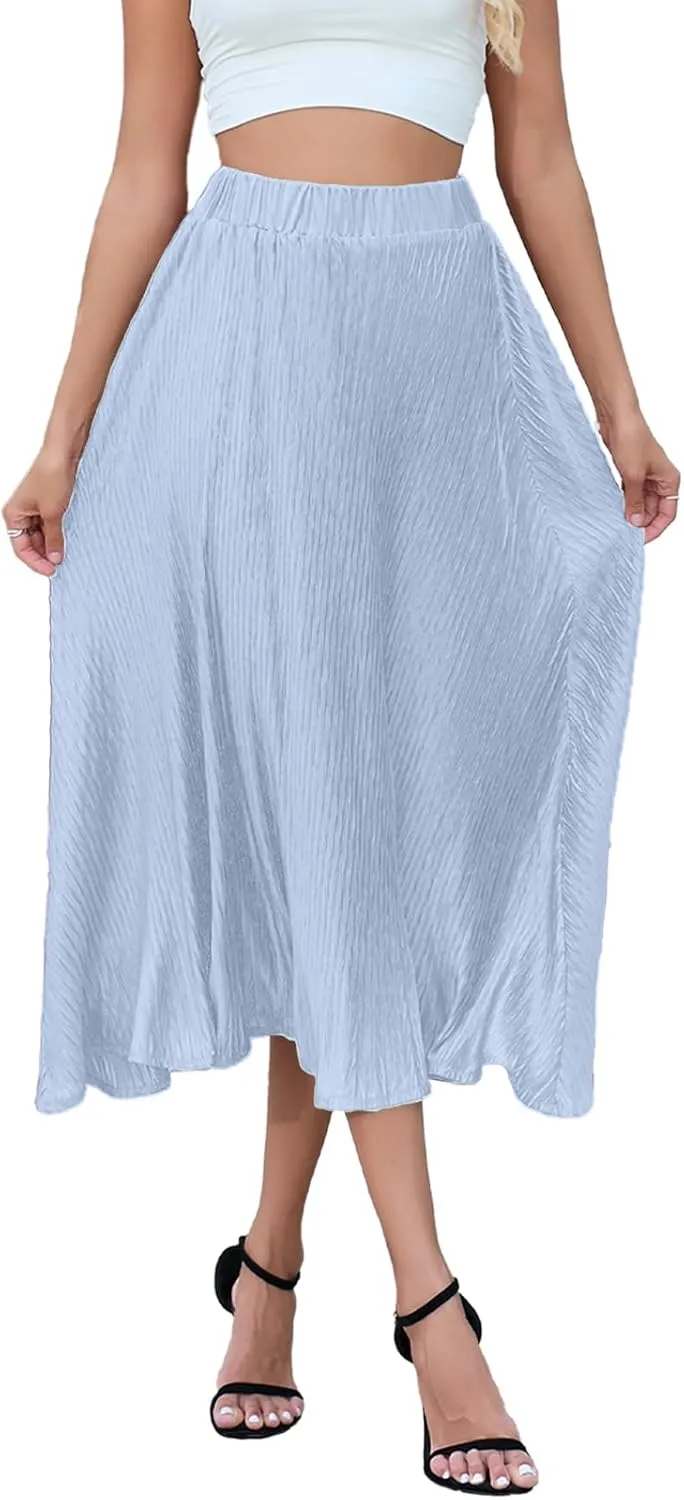 Pleated Skirt for Women Midi High Waisted A-Line Swing Skirt Wrinkle Resistant Lightweight for Casual Elegant Wear