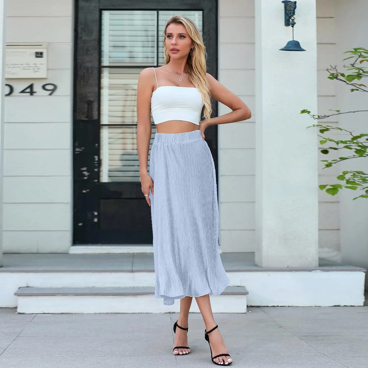 Pleated Skirt for Women Midi High Waisted A-Line Swing Skirt Wrinkle Resistant Lightweight for Casual Elegant Wear
