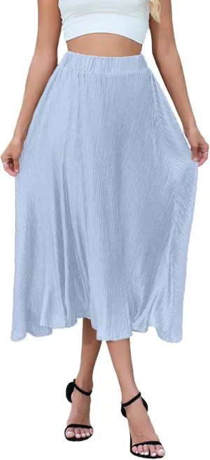 Pleated Skirt for Women Midi High Waisted A-Line Swing Skirt Wrinkle Resistant Lightweight for Casual Elegant Wear