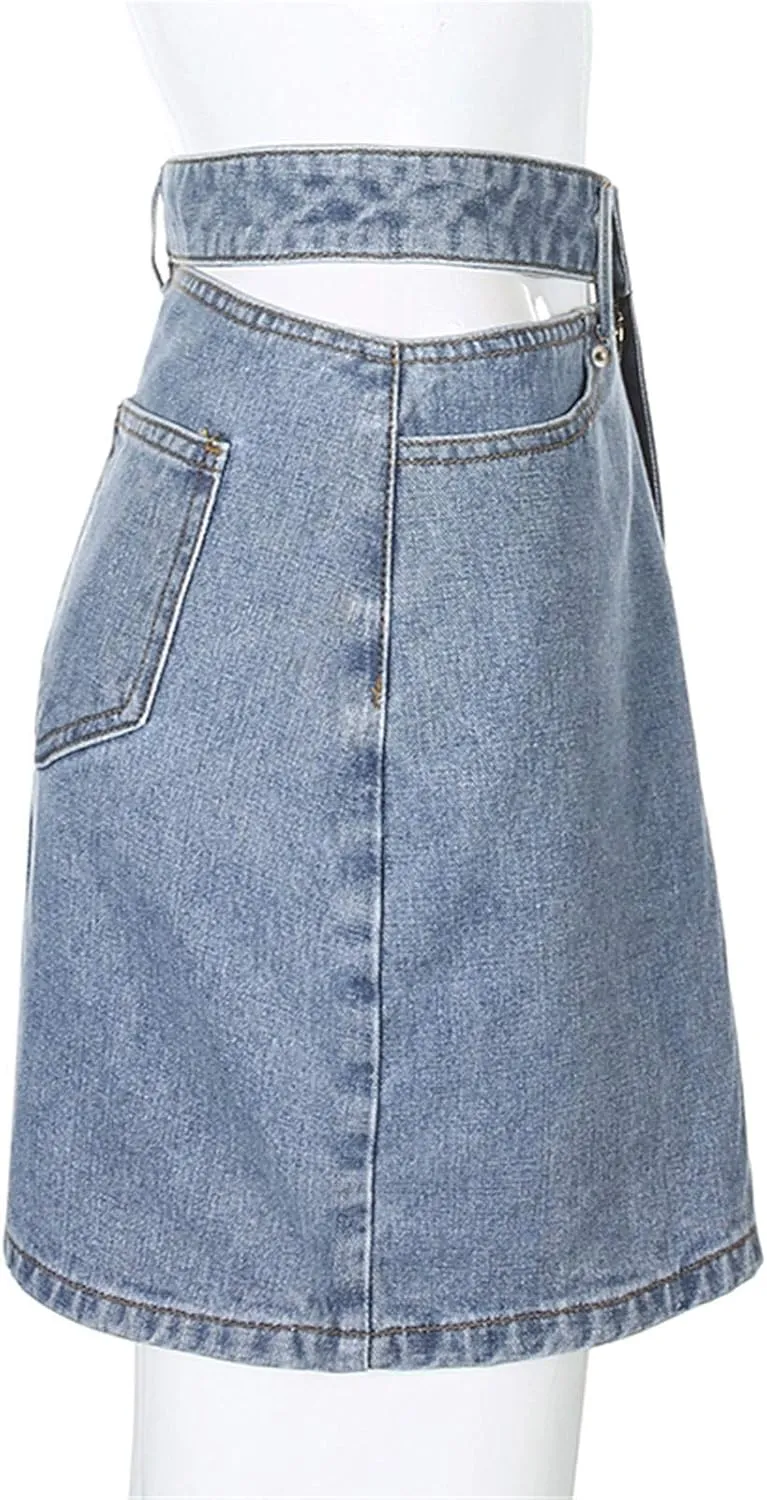 Pleated Skirts for Women Mid Waist Mini Jean Skirts Trendy Sweet Flare Hem A-Line Skirt Casual Comfy Denim Skirt