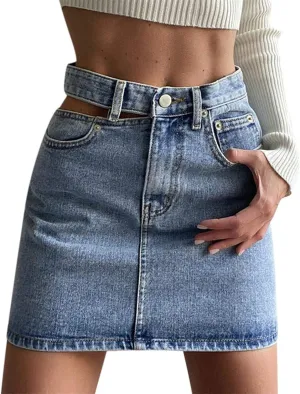 Pleated Skirts for Women Mid Waist Mini Jean Skirts Trendy Sweet Flare Hem A-Line Skirt Casual Comfy Denim Skirt