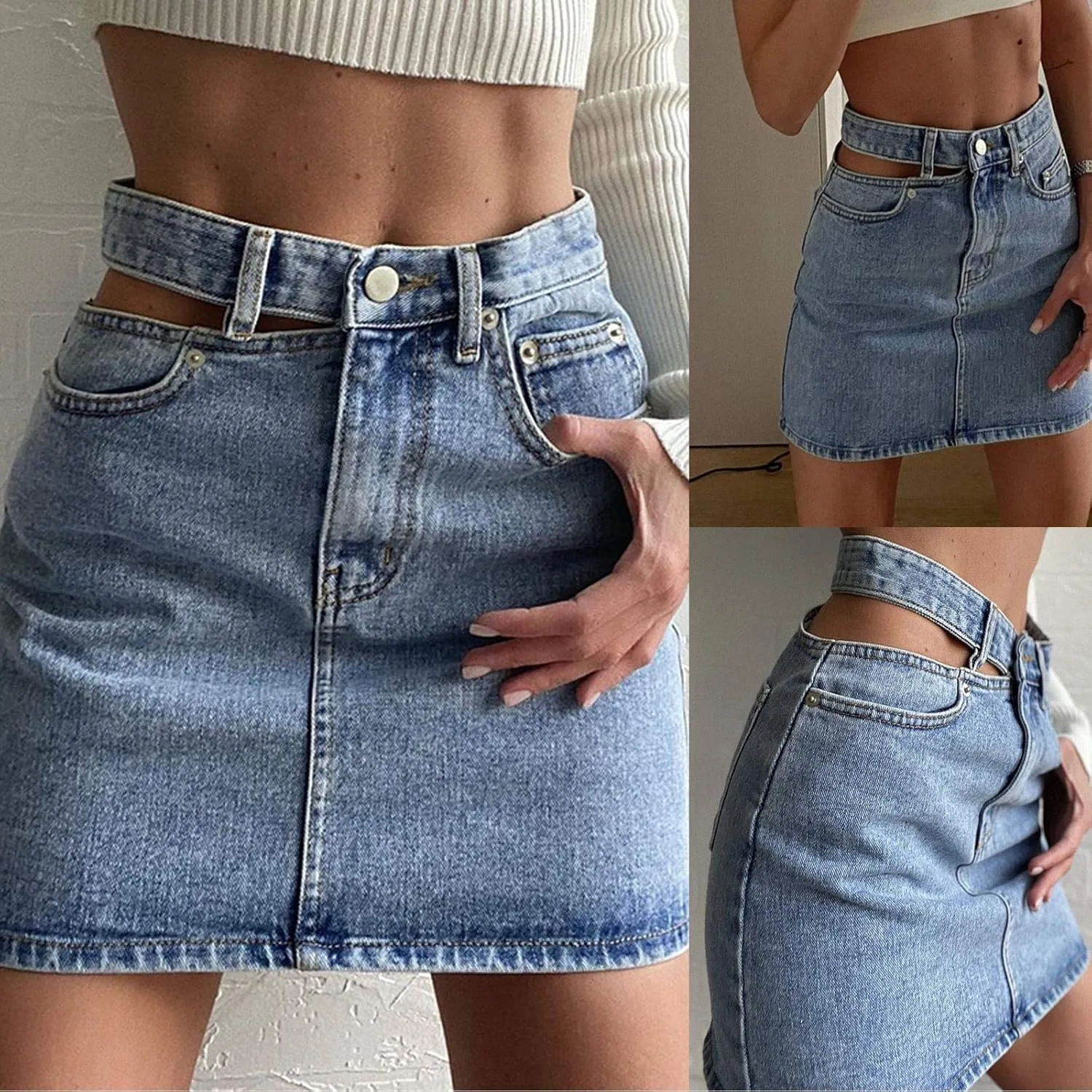 Pleated Skirts for Women Mid Waist Mini Jean Skirts Trendy Sweet Flare Hem A-Line Skirt Casual Comfy Denim Skirt