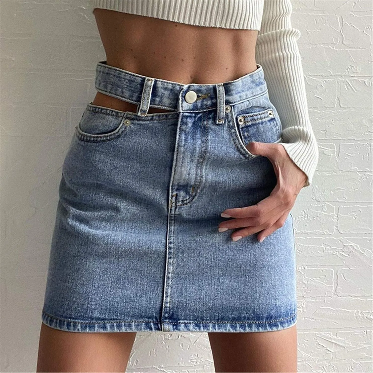 Pleated Skirts for Women Mid Waist Mini Jean Skirts Trendy Sweet Flare Hem A-Line Skirt Casual Comfy Denim Skirt