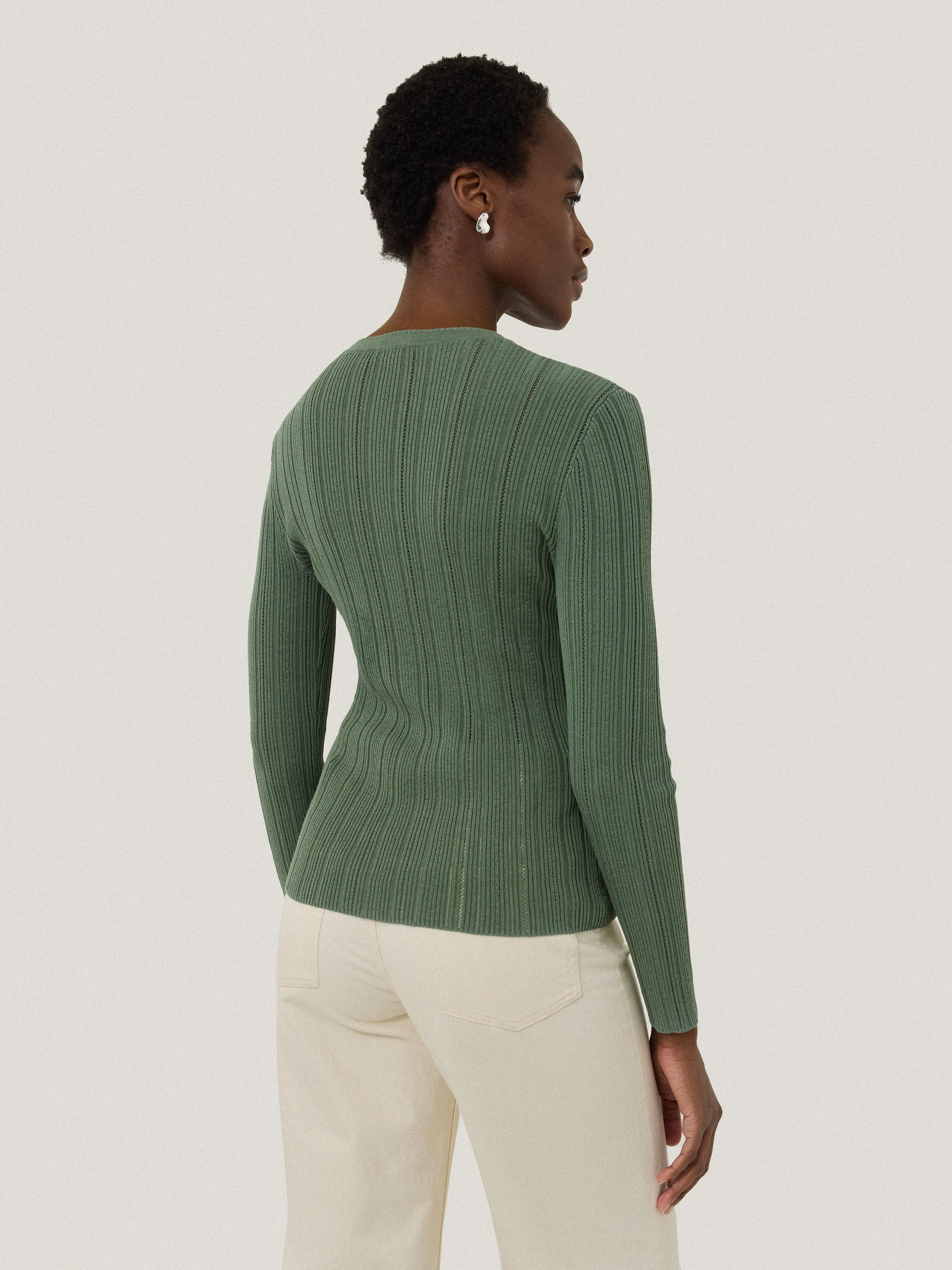 Rib Pointelle Henley Jumper | Green