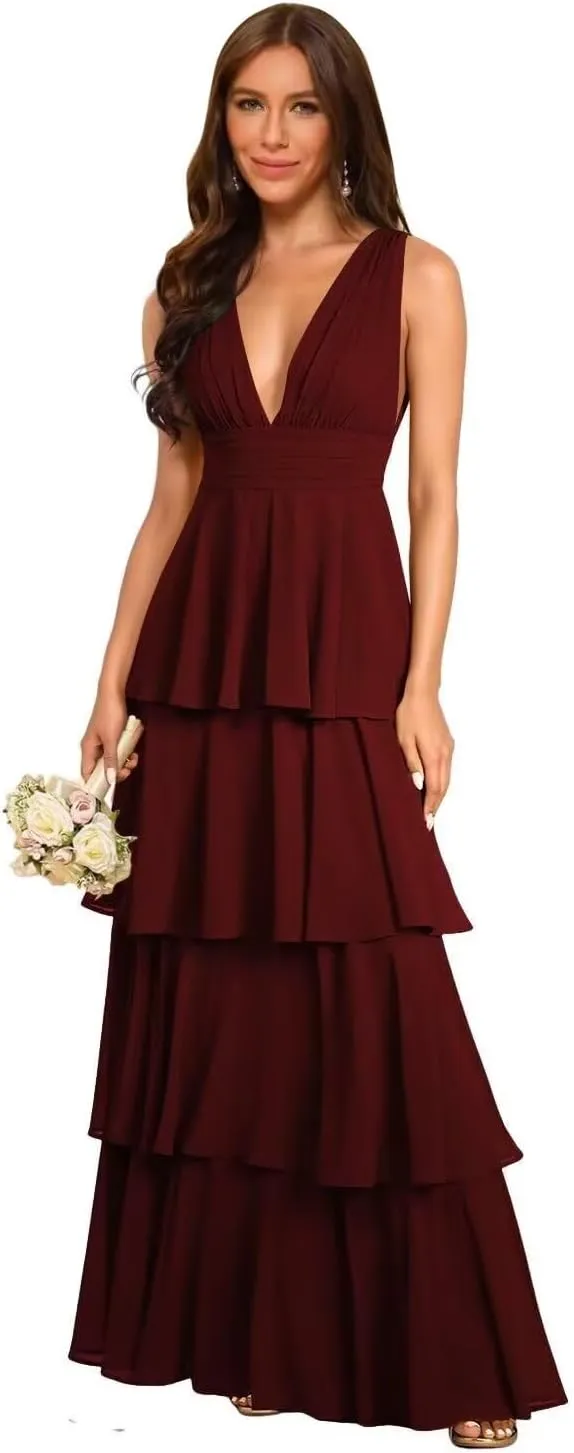 Rjer Tiered Bridesmaid Dresses 2025 Long Women Chiffon Formal Evening Dresses with Ruffles