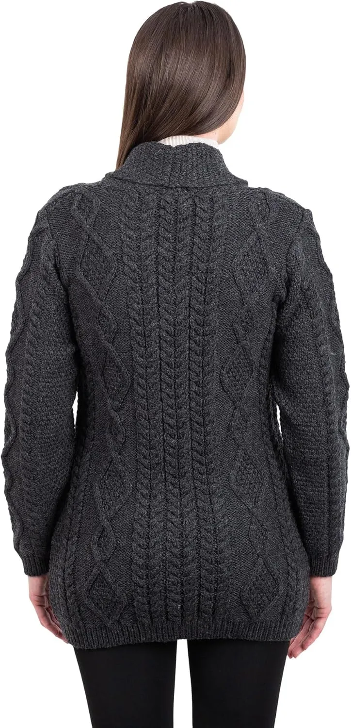 SAOL Shawl Neck Cardigan for Ladies 100% Merino Wool Buttoned V-Neck Sweater Made in Ireland