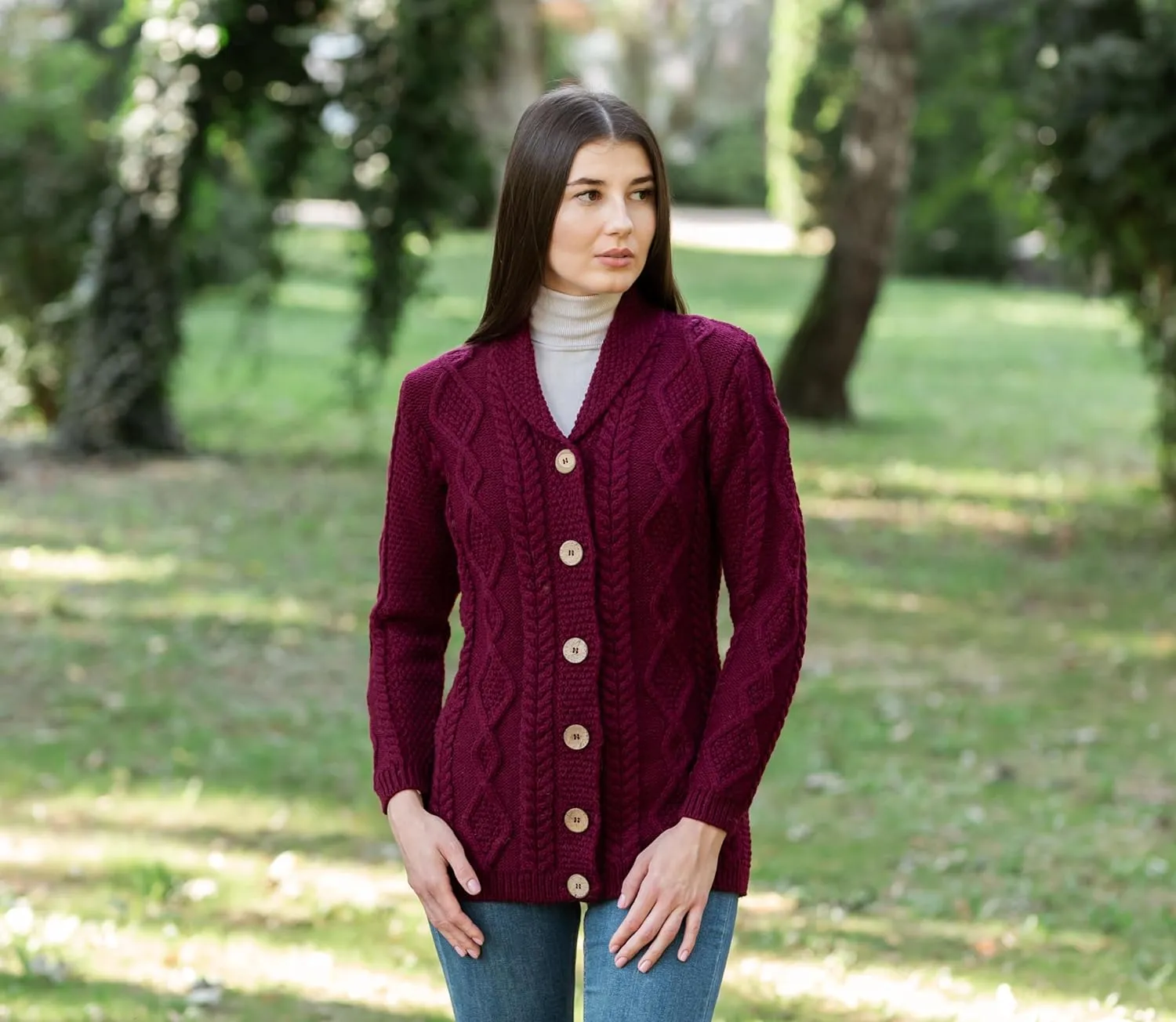 SAOL Shawl Neck Cardigan for Ladies 100% Merino Wool Buttoned V-Neck Sweater Made in Ireland
