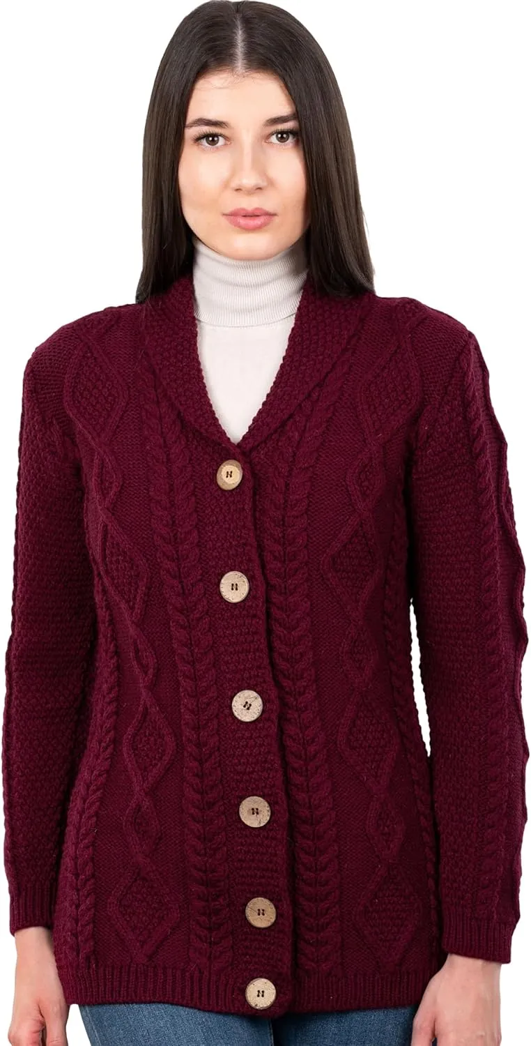 SAOL Shawl Neck Cardigan for Ladies 100% Merino Wool Buttoned V-Neck Sweater Made in Ireland