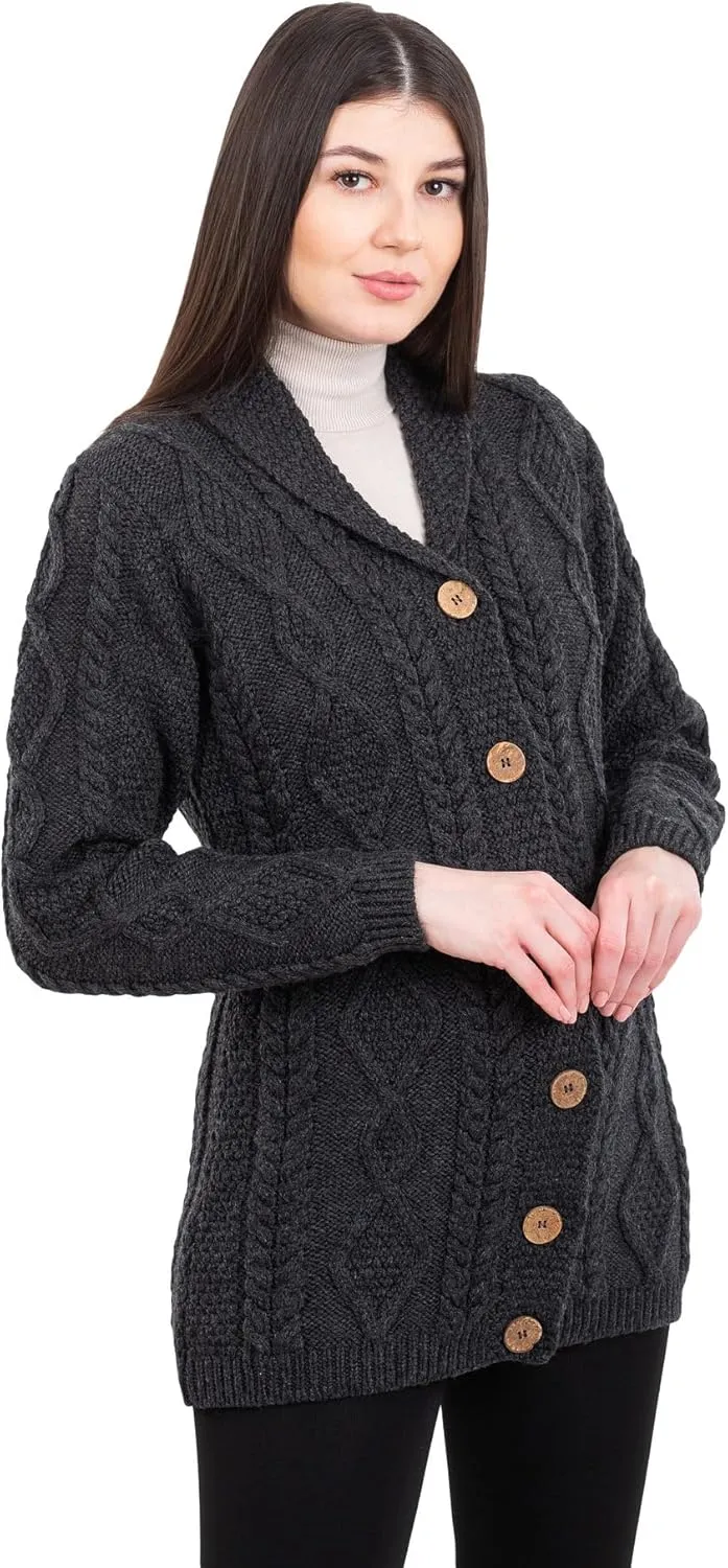 SAOL Shawl Neck Cardigan for Ladies 100% Merino Wool Buttoned V-Neck Sweater Made in Ireland