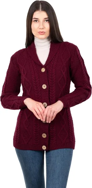 SAOL Shawl Neck Cardigan for Ladies 100% Merino Wool Buttoned V-Neck Sweater Made in Ireland