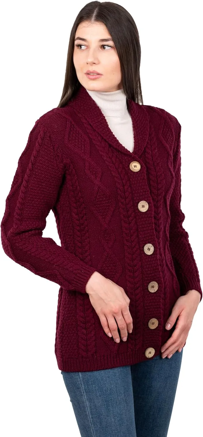 SAOL Shawl Neck Cardigan for Ladies 100% Merino Wool Buttoned V-Neck Sweater Made in Ireland
