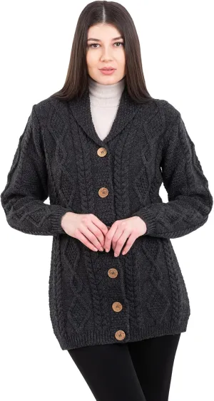 SAOL Shawl Neck Cardigan for Ladies 100% Merino Wool Buttoned V-Neck Sweater Made in Ireland
