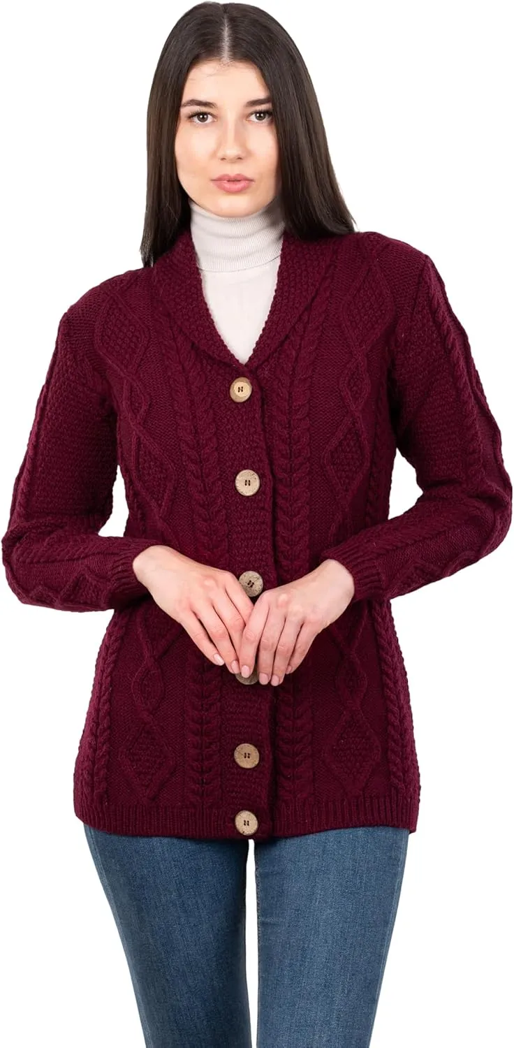 SAOL Shawl Neck Cardigan for Ladies 100% Merino Wool Buttoned V-Neck Sweater Made in Ireland