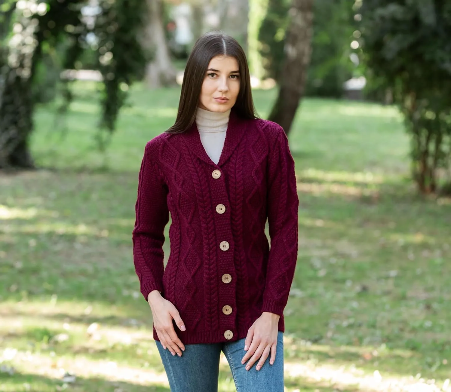 SAOL Shawl Neck Cardigan for Ladies 100% Merino Wool Buttoned V-Neck Sweater Made in Ireland