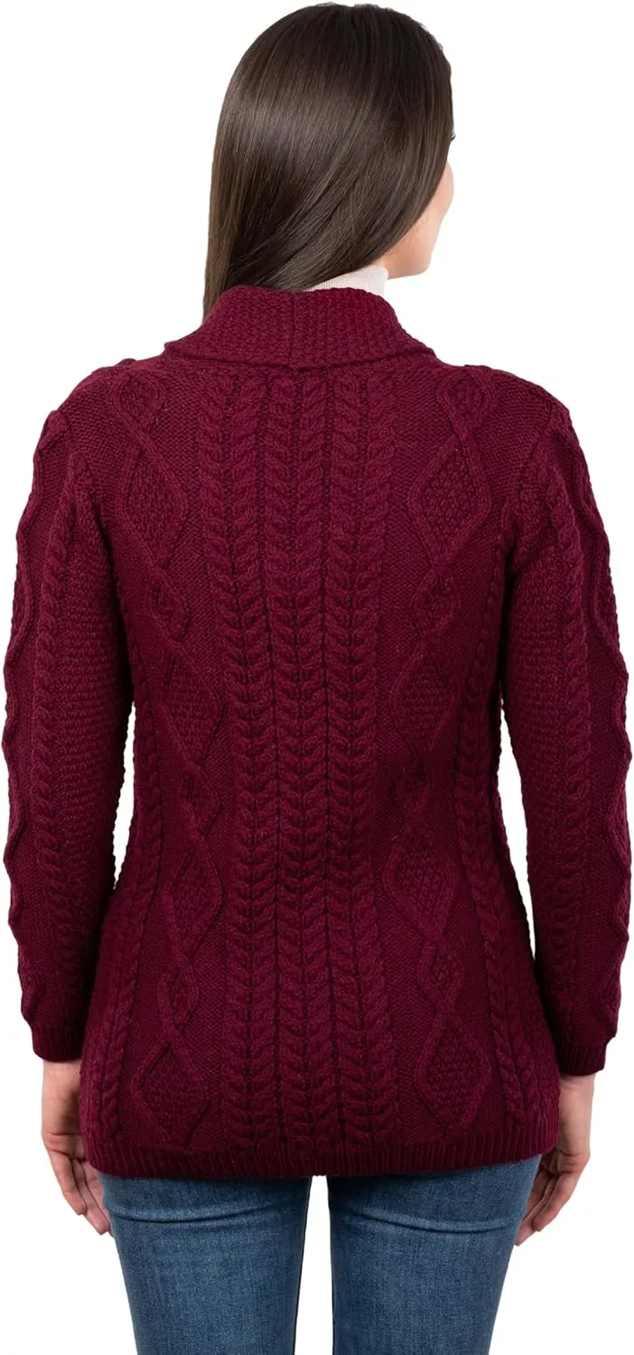 SAOL Shawl Neck Cardigan for Ladies 100% Merino Wool Buttoned V-Neck Sweater Made in Ireland