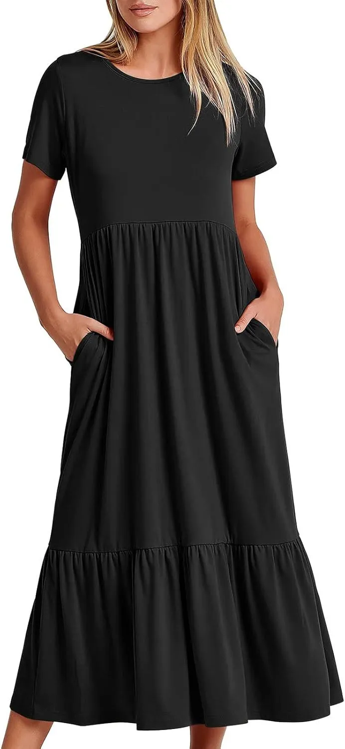 Short Sleeve Shirt Dresses for Women Dressy 2023 Casual Loose Ruffle Flowy Maxi Long Dress with Pockets