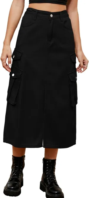 Slit Front Midi Denim Skirt with Pockets, Women's Casual Stretch High Waisted Slim Fit A Line Long Cargo Jean Skirt