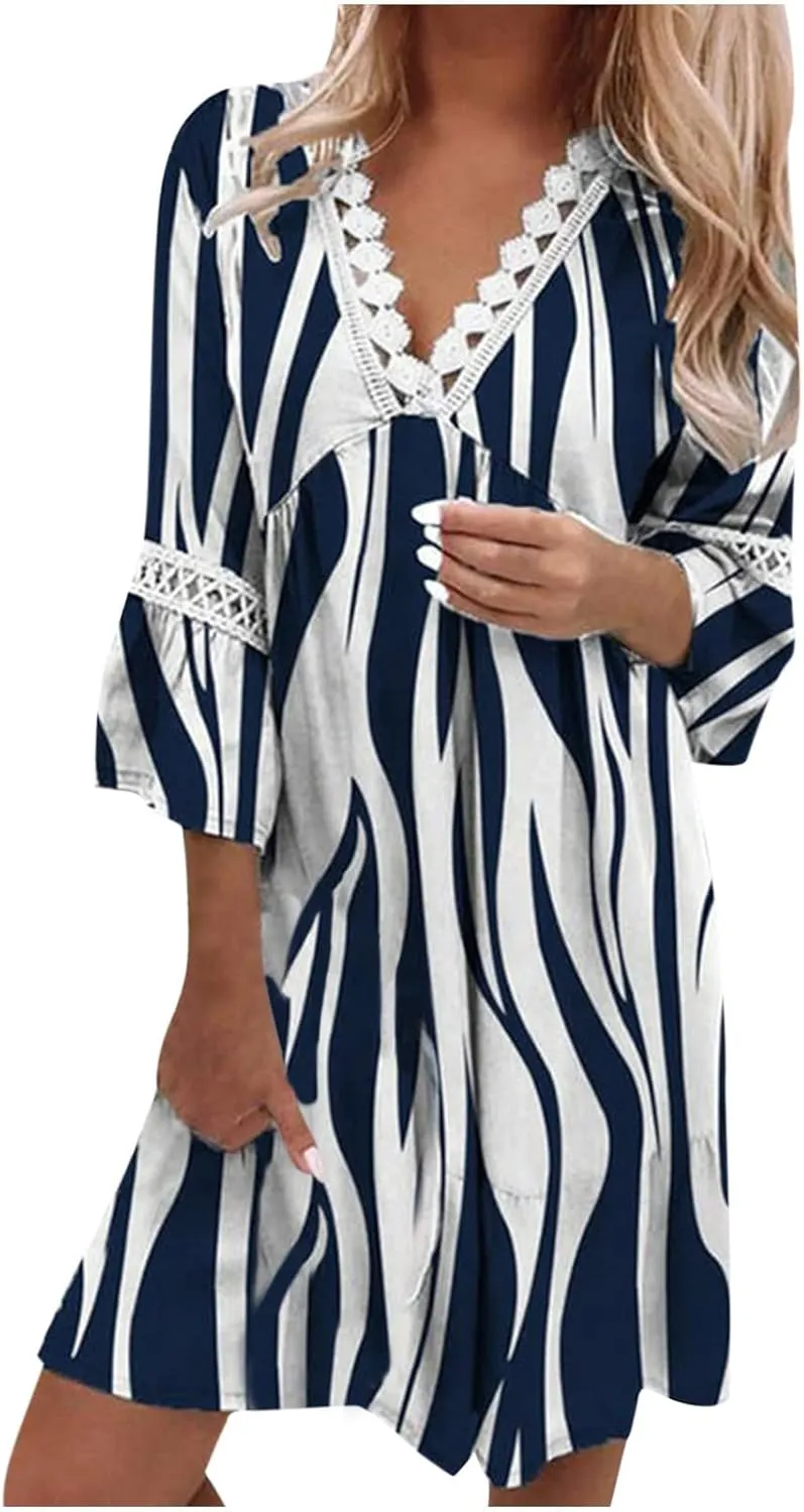 SMIDOW New Spring and Summer Dresses for Women 2023 Trendy Boho Lace Crochet v Neck Tshirt Dress Casual Beach Loose Sundress