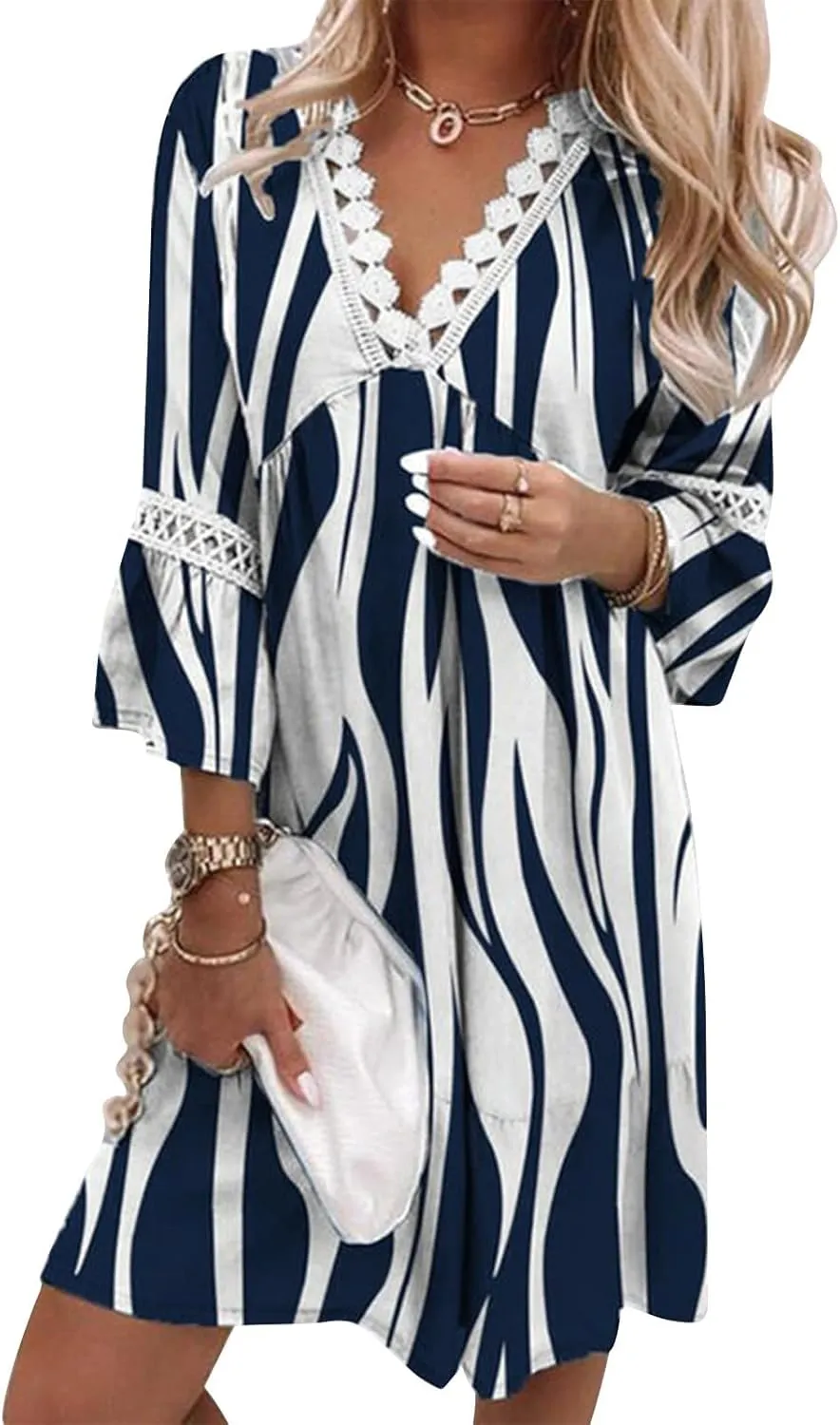 SMIDOW New Spring and Summer Dresses for Women 2023 Trendy Boho Lace Crochet v Neck Tshirt Dress Casual Beach Loose Sundress