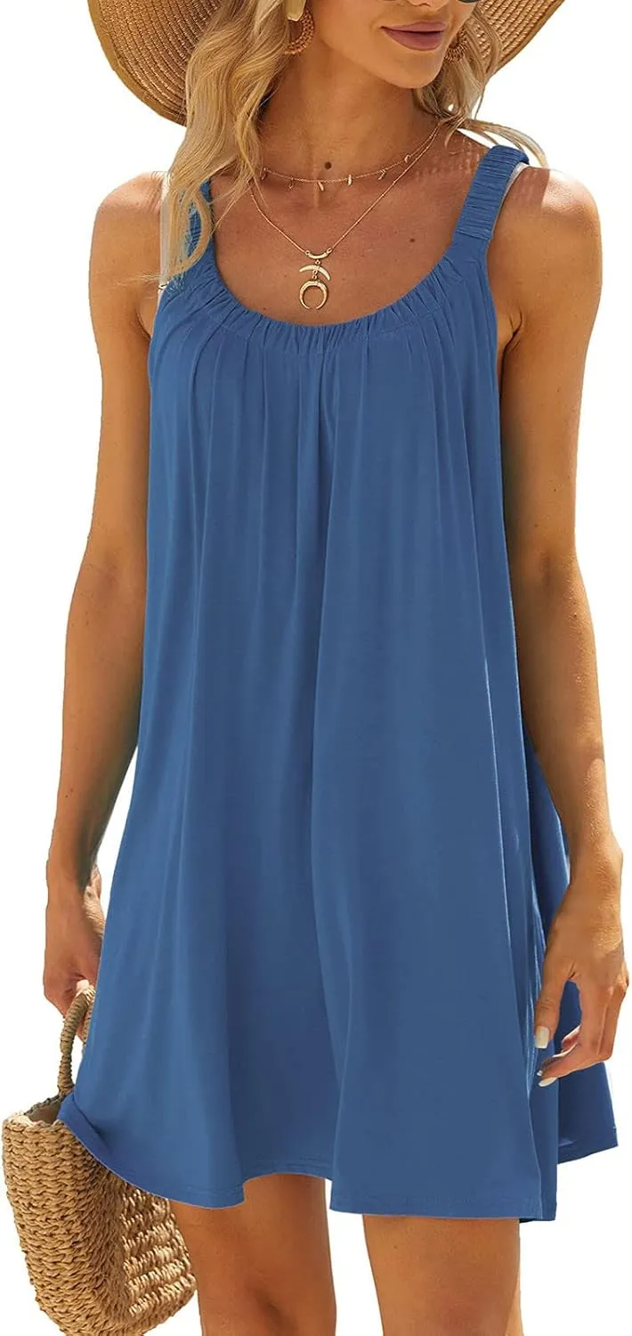 SMIDOW Summer Dresses for Women 2023 Casual Beach Sleeveless Pleated Flowy Sundress Sexy Beach Cover Up Plain Mini Tank Dress
