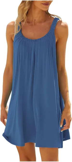 SMIDOW Summer Dresses for Women 2023 Casual Beach Sleeveless Pleated Flowy Sundress Sexy Beach Cover Up Plain Mini Tank Dress