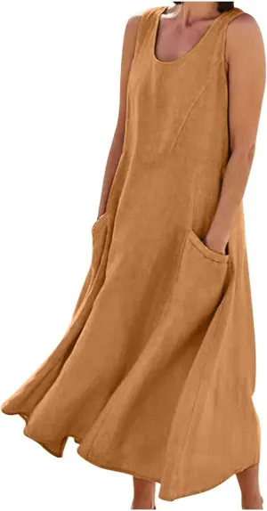 SMIDOW Womens Cotton Linene Beach Sun Dress Casual Loose Flowy Maxi Long Dresses Sexy Sleeveless Comfy Sundress Summer 2023