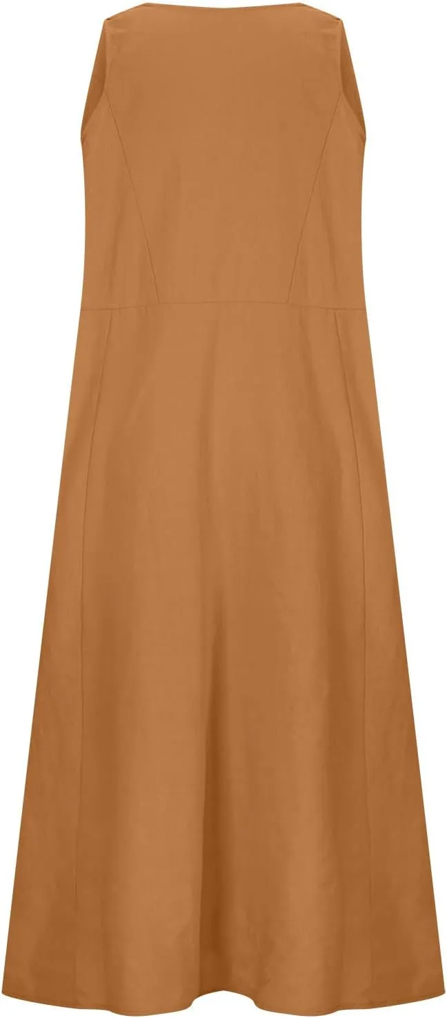 SMIDOW Womens Cotton Linene Beach Sun Dress Casual Loose Flowy Maxi Long Dresses Sexy Sleeveless Comfy Sundress Summer 2023