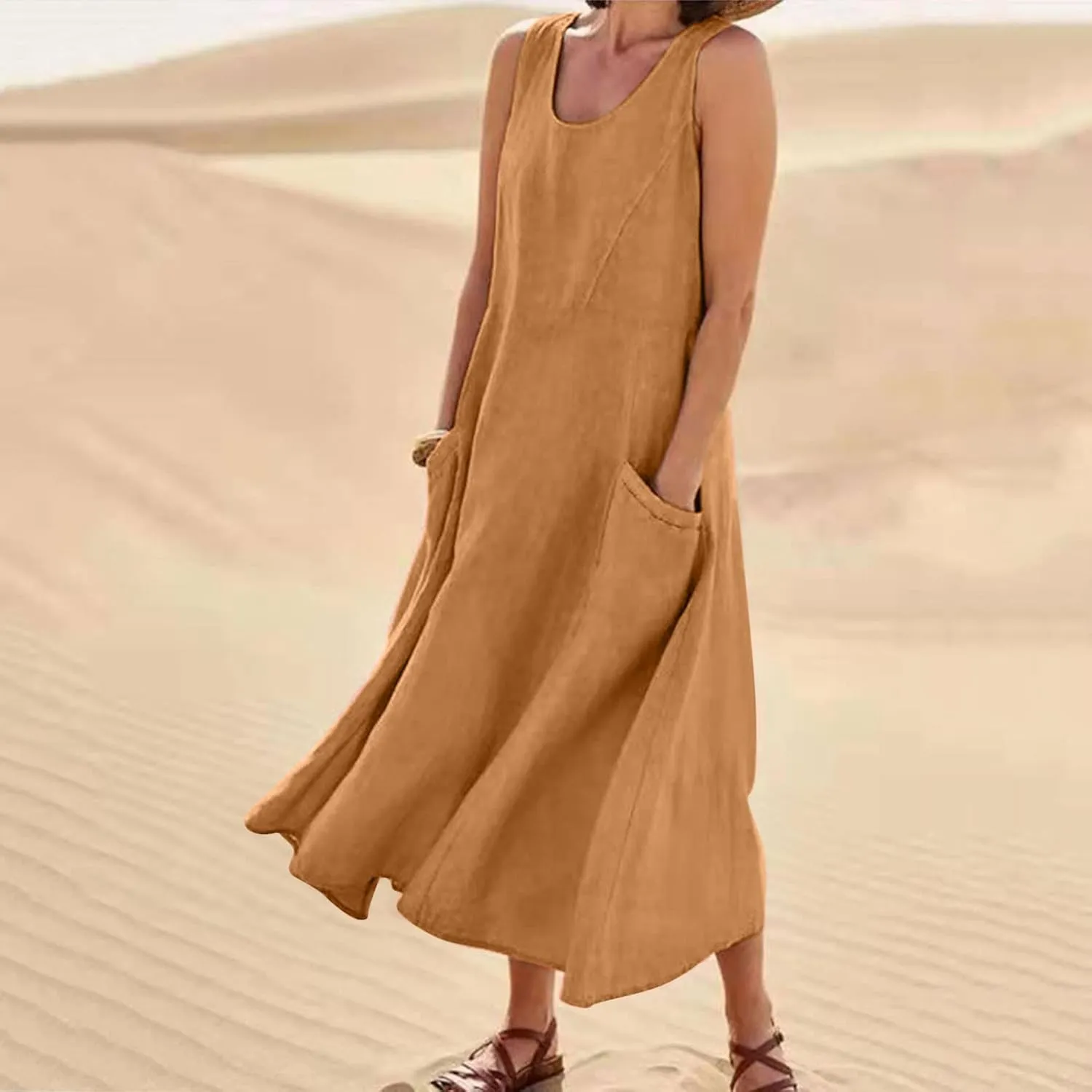 SMIDOW Womens Cotton Linene Beach Sun Dress Casual Loose Flowy Maxi Long Dresses Sexy Sleeveless Comfy Sundress Summer 2023