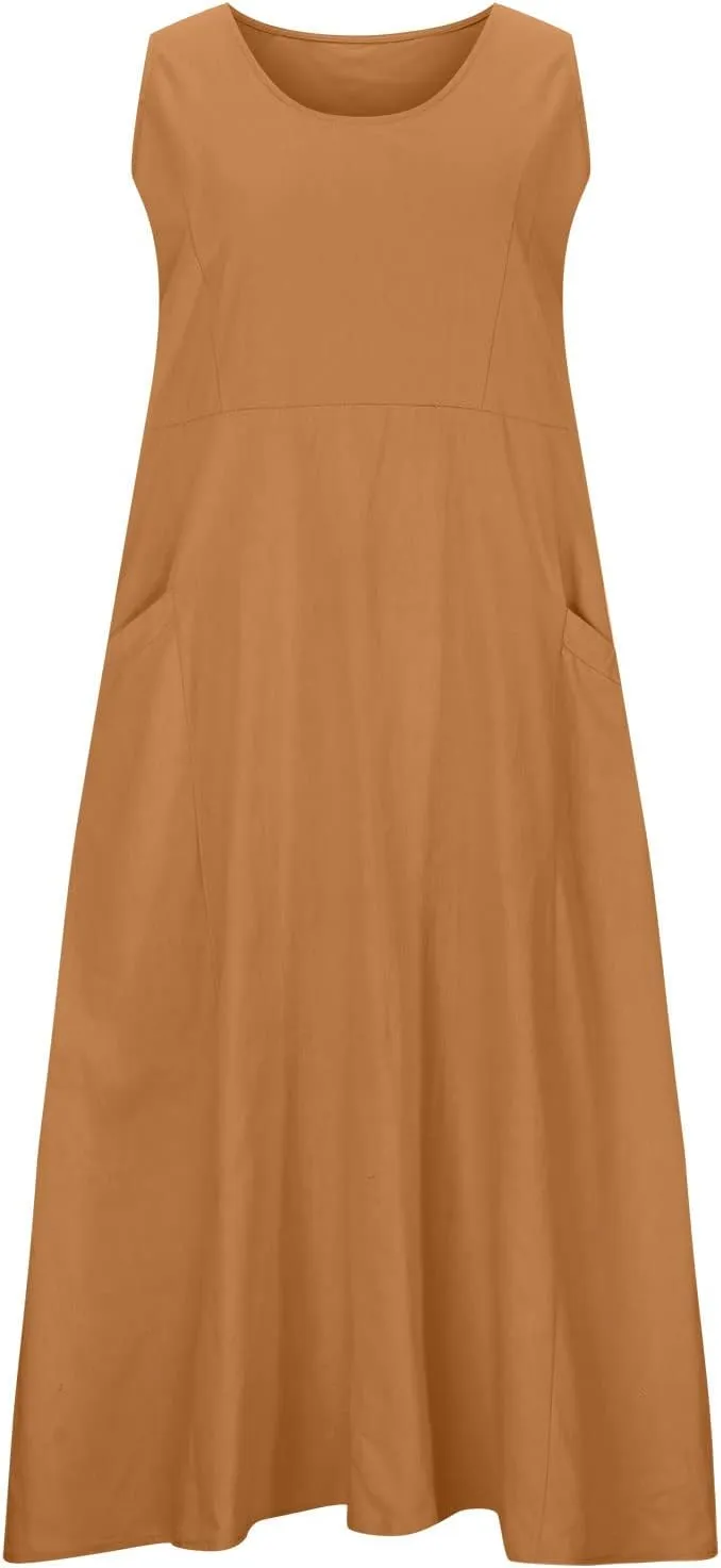 SMIDOW Womens Cotton Linene Beach Sun Dress Casual Loose Flowy Maxi Long Dresses Sexy Sleeveless Comfy Sundress Summer 2023