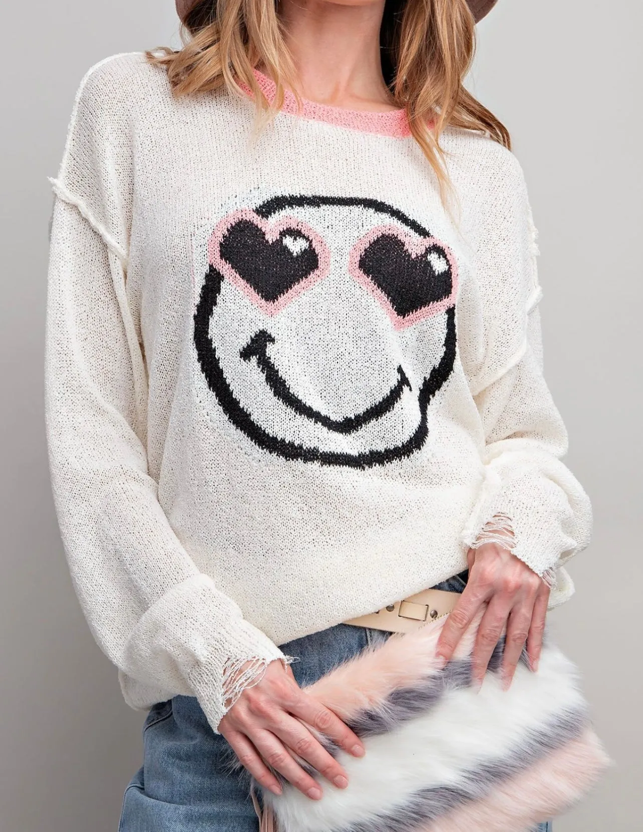Smile Face Heart Eyes Sweater in Ivory