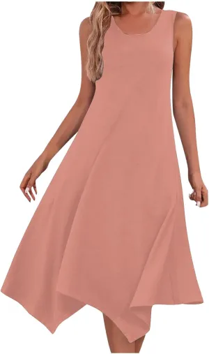 Summer Dresses for Women 2025 Handkerchief Hem Crewneck Tank Dress Casual Sleeveless Beach A-Line Sundress Clothes