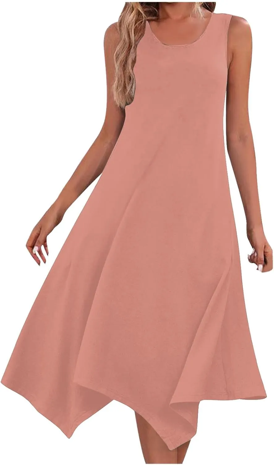 Summer Dresses for Women 2025 Handkerchief Hem Crewneck Tank Dress Casual Sleeveless Beach A-Line Sundress Clothes