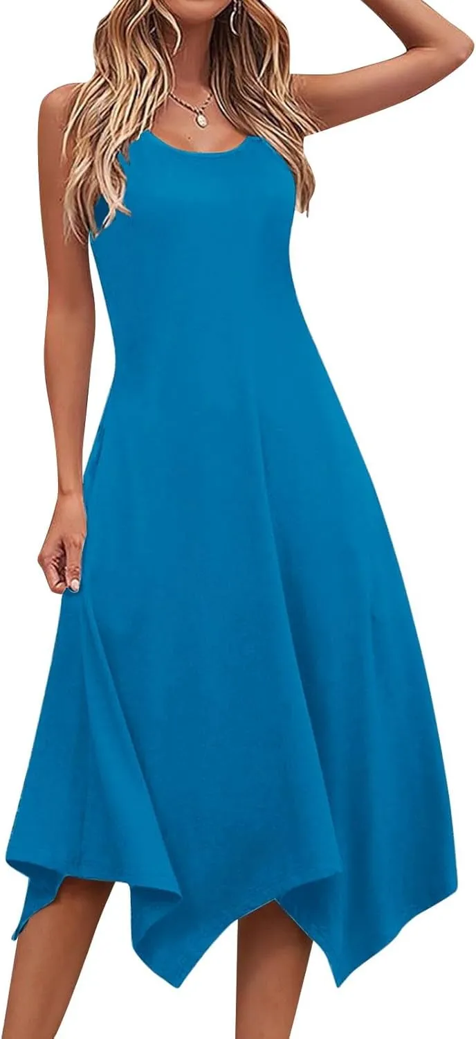 Summer Dresses for Women 2025 Handkerchief Hem Crewneck Tank Dress Casual Sleeveless Beach A-Line Sundress Clothes