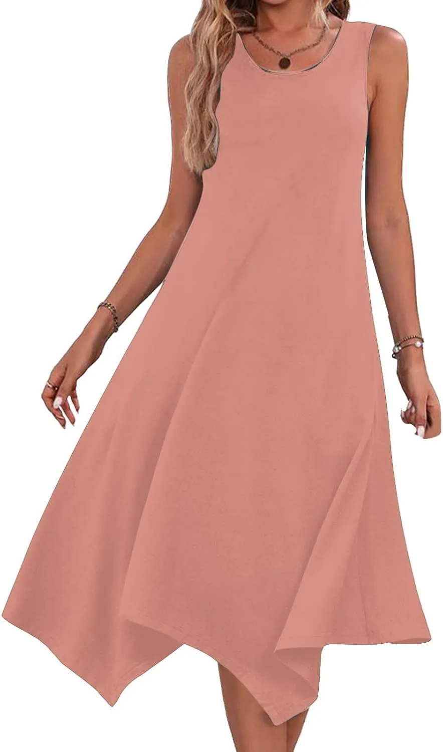 Summer Dresses for Women 2025 Handkerchief Hem Crewneck Tank Dress Casual Sleeveless Beach A-Line Sundress Clothes